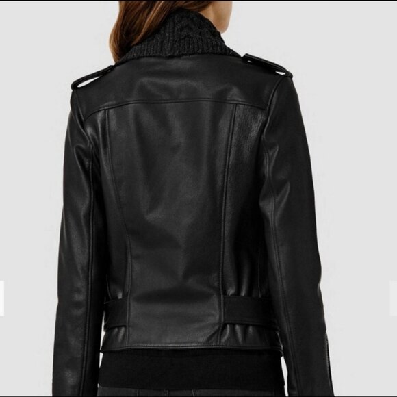 All Saints Wrap Cable Jacket Genuine Goat Leather Size 0 Black Draped Open Front - Picture 3 of 16